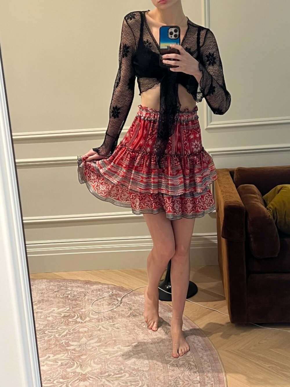 Isabel Marant Spring/Summer 2019 Silk Tiered Mini Skirt – Red Bandana Print